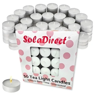 Image of SolaDirect 8 Hour Tea Lights Candles, 50 Pack, Long Burning Tealights Candle, Unscented White Ideal Night Light Candles for Restaurants, Weddings, Parties, Dates, Decoration &amp; More!