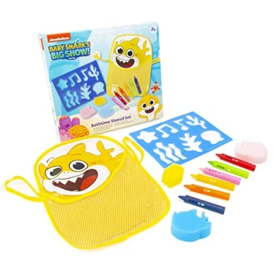 Image of Baby Shark Bath Toy Bathtime Stencil Set Toys For 3 Year Olds Foam Contains Storage Bag, Crayons Toddler 1 Old