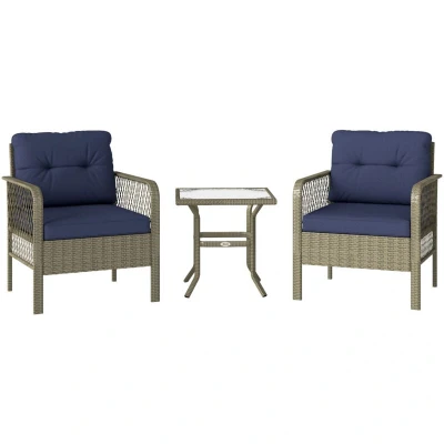 Image of Outsunny 3 Pieces Rattan Bistro Set, Wicker Garden Furniture Set with Glass Top Coffee Table and Chairs, Thickened Cushions for Outdoor, Patio, Balcony, Charcoal Grey