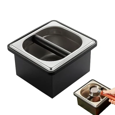 Image of Gocoffun Espresso Coffee Knock Box, Stainless Steel Pucks Container, with Noise Reduction Rubber Ring,Silicone Bar for Knocking Portafilter Filter Grinds