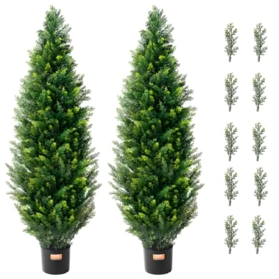 Image of VEVOR 48 inch Tall (2 Pieces), with Extra Leaves &amp; Pot Faux Evergreen Fake Pine Cypress Trees Plant, UV Rated Artificial Greenery Set for Home Decor Indoor/Outdoor, Green, 380 x 1230 mm
