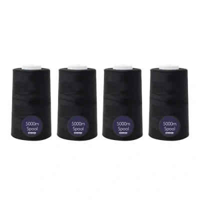 Image of Korbond Overlocking Thread Set Black 4 x 5000m 20,000m Spool Polyester Sewing for Overlocker Machine