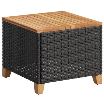 Image of vidaXL Garden Table Black Poly Rattan &amp; Acacia Wood, 45x45x37 cm Weatherproof Patio Side Table/Stable Outdoor Chat