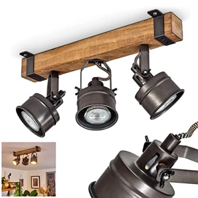 Image of hofstein Pehefito Ceiling Light, Vintage Design Metal/Wood Light in Black/Brown, Retro with Wooden Beams and Adjustable spotlights, 3 Flame, x GU10 Socket, Bulbs not Included
