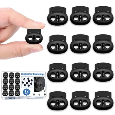 Image of Jormftte 12 Pack Cord Locks Set, Toggles For Drawstrings Spring Locks, Dual Holes Plastic Round Shoelace Backpacks Paracord Crafting Camping Hiking Or Lanyards
