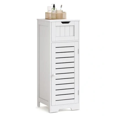 Image of Mondeer Bathroom Floor Cabinet, Freestanding Slim Storage Unit 1 Drawer Louvered Door and 2 Shelves, for Bedroom Hallway, 32 x 30 87cm, White
