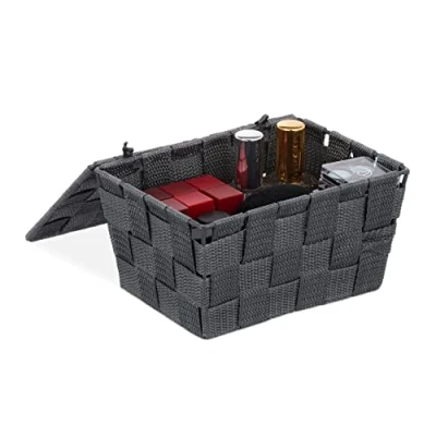 Image of Relaxdays Lidded Storage Basket with Lid, Bathroom Storage, PP, HxWxD: 10.5 x 19.5 14.5 cm, Grey