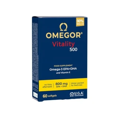 Image of OMEGOR® Vitality 500 60 Capsules Food Supplement with 800 mg Omega 3 EPA/DHA and Vitamin E per Capsule The only IFOS 5 Star Certified Since 2006 90% rTG