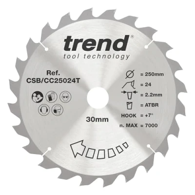 Image of Trend Wood Cordless ATBR Mitre Saw Blade, 250mm Diameter, 30mm Bore, 24 Teeth, TCT, 2.16mm Kerf, +7 Hook, CSB/CC25024T
