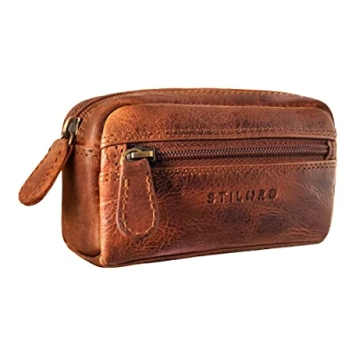 Image of STILORD &#039;Neal&#039; Leather Key Holder Small Wallet Case Mini Coin Purse Vintage Organiser Card with RFID Protection and Ring, Colour:Kara Cognac