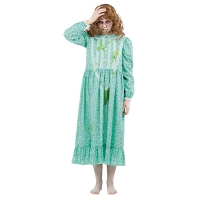 Image of Smiffys The Exorcist Regan Costume, Adults Green Dress with Vomit Print &amp; Cuff Details, Official License Perfect for Halloween Themed Parties