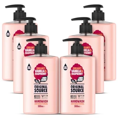 Image of Original Source Vanilla Milk and Raspberry Handwash with 100% Natural Fragrance, Vegan Handwash, Antibacterial, Moisturisers, Multipack of 6 x 300 ml
