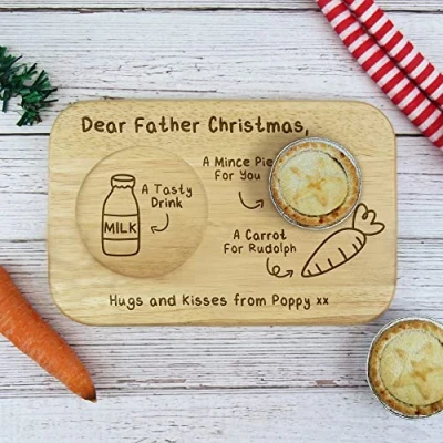 Image of eBuyGB Personalised Christmas Eve Tea &amp; Biscuit Board, Dear Father Stop Here Xmas Treat Plate, Santa Claus Rudolph Reindeer, Wooden Snack Tray