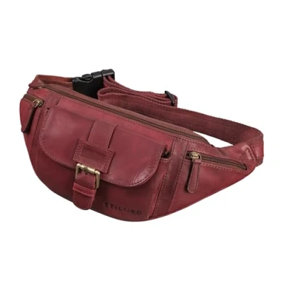 Image of STILORD &#039;Sam&#039; Vintage Leather Bumbag Unisex Waist Bag Belt for Women Men Travel Festival Smartphone Pouch in Genuine Buffalo Leather, Colour:Rosso