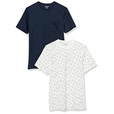 Image of Amazon Essentials Men&#039;s T Shirt Slim Fit Short Sleeved Crewneck Pocket, Pack of 2, Navy/Boat Print, XXL