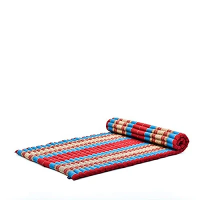 Image of Leewadee Foldable Floor Mattress Japanese Roll Up Futon Trifold Tatami Mat Guest Bed Camping Thai Massage Mat, Kapok Filled, 190 x 100 cm, Blue Red