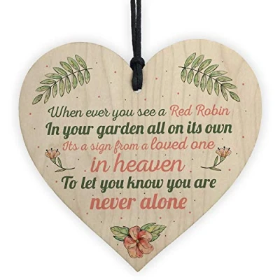 Image of RED OCEAN Handmade Robin Memorial Bereavement Garden Wooden Heart Sign Plaque Grave Friendship Gift