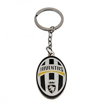 Image of Juventus F.C. crest Keyring metal key ring approx 40mm x 30mm on a header card Official Football Merchandise
