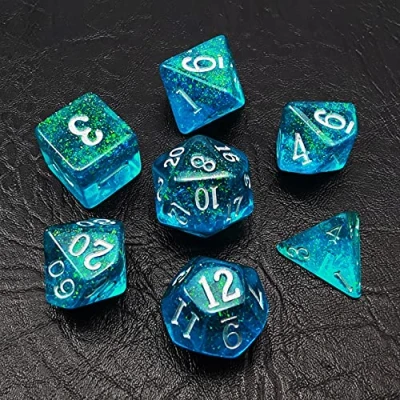 Image of Bescon Blue Shimmery dice Set, Polyhedral RPG Game 7 Set in Brick Box Packing