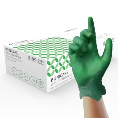 Image of Unigloves Unicare Vinyl Disposable Gloves Multipurpose, Powder and Latex Free Examination Box of 100 Gloves, Green, Large (GS0124)