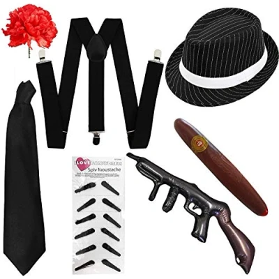 Image of ADULTS 1920S GANGSTER ACCESSORY SET. 7 PIECE AL CAPONE FANCY DRESS KIT. 20S GANSTER COLOUR: BLACK PINSTRIPE SET SIZE: ONE SIZE