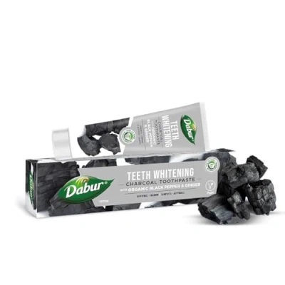 Image of Dabur Charcoal Organic Toothpaste 100ml for Teeth Whitening, Brighter Smile &amp; Healthy Gums Natural Oral Care with Blend of Black Pepper Ginger Extracts