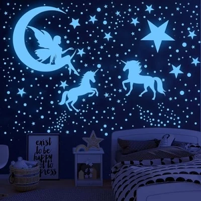Image of Glow in the Dark Stars for Ceiling,Unicorn Wall Decals Stickers Unicorn Decor Girls Bedroom Luminous Planet Ceiling Baby Boys Kids Playroom Living Room Nursery