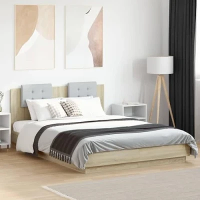 Image of vidaXL Sonoma Oak Bed Frame 140x200 cm with LED Lights and Headboard Modern Double Base USB Connected Mood Lighting