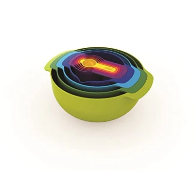 Image of Joseph Nest 9 Plus, Piece Compact Stainless Steel Food Preparation Set with Mixing Bowls, Measuring cups, Sieve and Colander, Multicolour