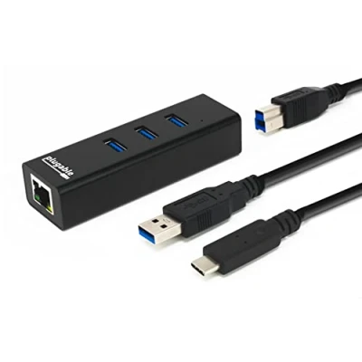 Image of Plugable USB Hub with Ethernet, 3 port 3.0 Bus Powered Gigabit Ethernet Compatible Windows, MacBook, Linux, Chrome OS, Includes C and Cables