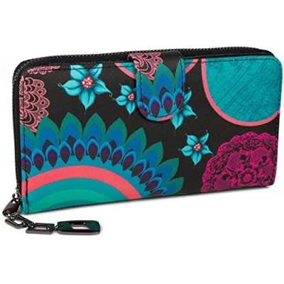Image of styleBREAKER Ladies Wallet with Colourful Floral Mandala Pattern, Ethno Style, Zip, Purse 02040040, Colour:Black Turquoise Blue