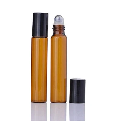 Image of CMJ 2 x 10ml Amber Roller Ball Empty Bottles Essental Oils Metal Roll On BLACK Lid UK SELLER