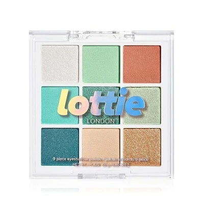 Image of Lottie London palette in Totally Mint, 9 shade compact eyeshadow soft mint and apple green shades a mix of creamy mattes sparkling shimmers
