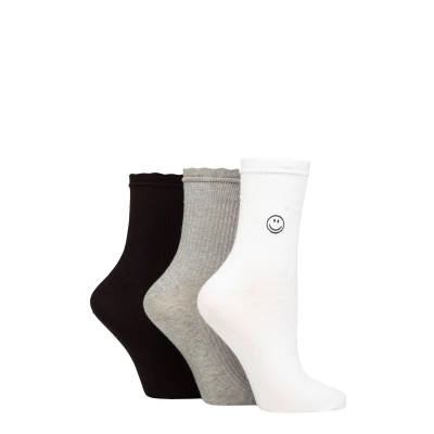 Image of Women&#039;s 3 Pair SOCKSHOP Wildfeet Mid Length Frill Top Embroidered Socks White / Grey Black Smiley 4 8 UK
