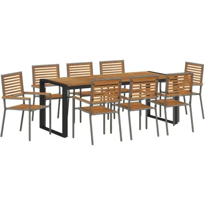 Image of vidaXL 9 Piece Garden Dining Set Grey Poly Rattan Acacia