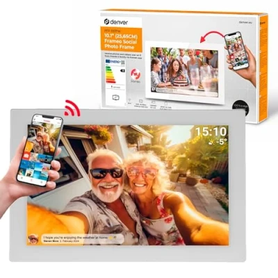 Image of Denver PFF1037 Digital Picture Frame with Glass Display and WiFi, 10.1 Inches, Electronic 16 GB Frameo App, IPS Touch Screen, Auto Rotate, Micro SD Slot, White