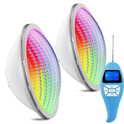 Image of LyLmLe LED Pool Lighting PAR56 20 W RGB Colour Changing Dimmable Swimming Lamp with Remote Control, Replaces Old Halogen Bulbs, IP68 Waterproof Underwater Spotlight, 12 V AC (Pack of 2)