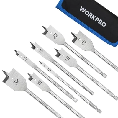 Image of WORKPRO 8 Piece Spade Drill Bit Set, Carbon Steel Heavy Duty Flat Wood 1/4 inch Quick Change Hex Shank Woodworking Drilling Bits Blades Kit