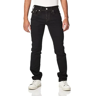Image of True Religion Men&#039;s Ricky Big T Straight Leg Jean with Back Flap Pockets, Body Rinse Black, 33W x 34L