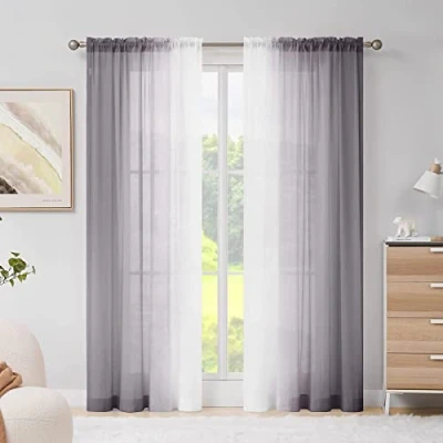 Image of Melodieux Grey Ombre Sheer Curtains Chiffon Gradient Rod Pocket Voiles, 56x96 inch, 2 Panels