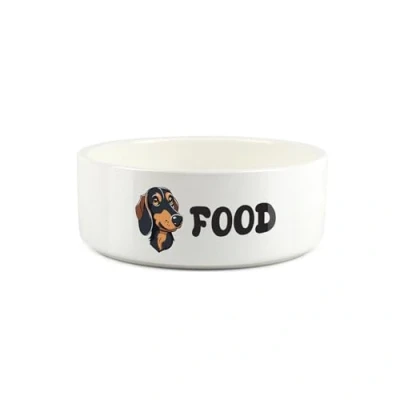 Image of Dachshund Pet Bowl Cartoon Dog Portrait Small Ceramic Food Novelty White Dish For Dogs