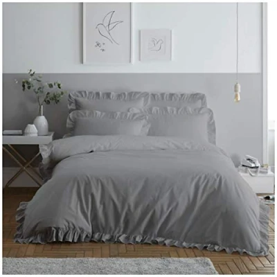 Image of GC GAVENO CAVAILIA Ruffle Bedding Easy Care Plain Dyed Duvet Cover Frill Quilt Set, Polyester, 50% Cotton, Grey, Double