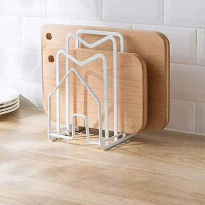 Image of SUNFICON Pot Pan Lid Holder White Chopping Board Rack Cutting Organiser Display Stand Thin Bakeware Baking Tray Kitchen Countertop Cupboards Cabinet Office Heavy Duty Metal 12.5x14.5x21.5cm