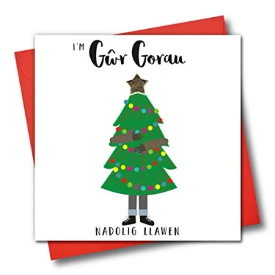 Image of Welsh Language Embellished Christmas Greeting Card, I&#039;m Gwr Gorau, Nadolig Llawen, to The Best Husband, Merry Christmas, Man Carrying Tree