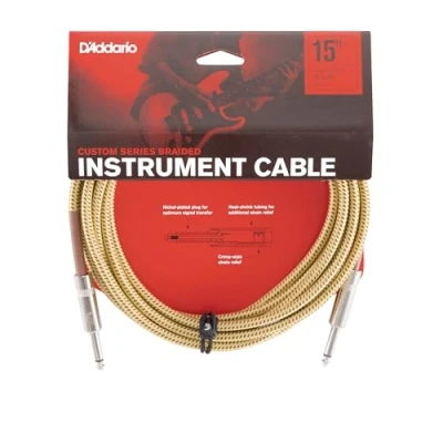 Image of D’Addario Accessories Custom Series Braided Guitar Cable Instrument with Nickel Plated ¼ Inch Ends Protects Cord Against Cuts, Kinking 15 feet Tweed