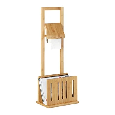 Image of Relaxdays Toilet Paper Holder with Magazine Rack, Bamboo, Roll Stand, Newspaper Storage, HxWxD: 81.5 x 30.5 21 cm, Natural Brown