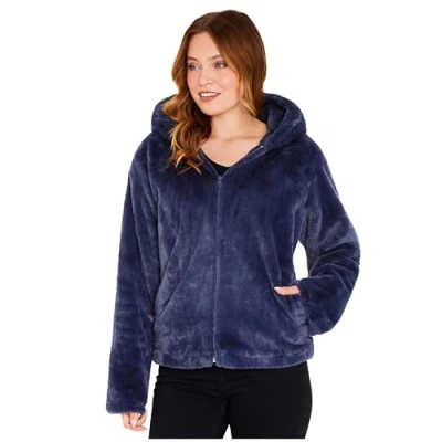 Image of CityComfort Womens Fluffy Coat with Hood, Cosy Stylish Faux Fur Gifts for Her (Navy, L)