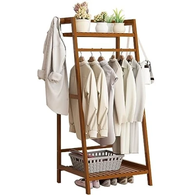 Image of Baannaww Bamboo Clothes Rail Stand, Freestanding Coat Garment Rack with Hanging Rod, Trapezoid Structure, Open Wardrobe Clothing Hanger Storage Organiser for Bedroom Hallway