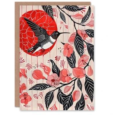 Image of Artery8 Greeting Card Hummingbird and Cherry Blossoms Folk Art Painting For Her Woman Birthday