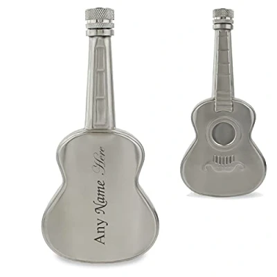 Image of Personalised Engraved Silver 5oz Guitar Hip Flask with Sideways Name, Personalise Any Name